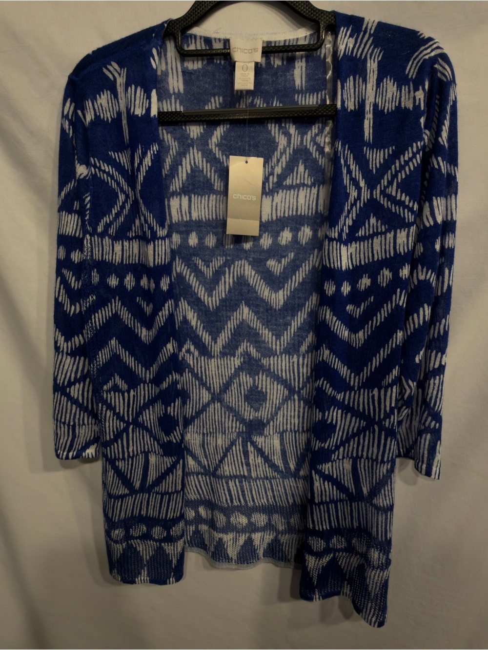 Chicos TRIBAL DIAMOND
NATALIE CARDIGAN
SWEATER 3/4 Sleeve
SPECTRA BLUE NWT Smal
